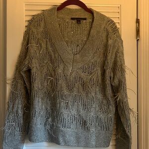 White House Black Market Olive Green Sequin Feather V-Neck Sweater